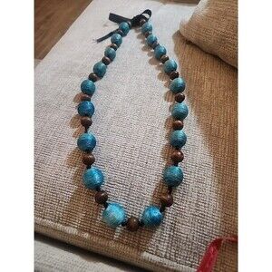 Wood and Blue  Cord Wrapped Beaded Necklace Fabric Tie Closure Smoke Free Home